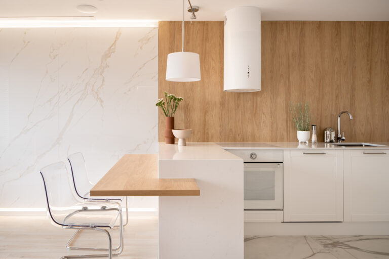 Modern kitchen with island, stylish accessible kitchen design for aging in place