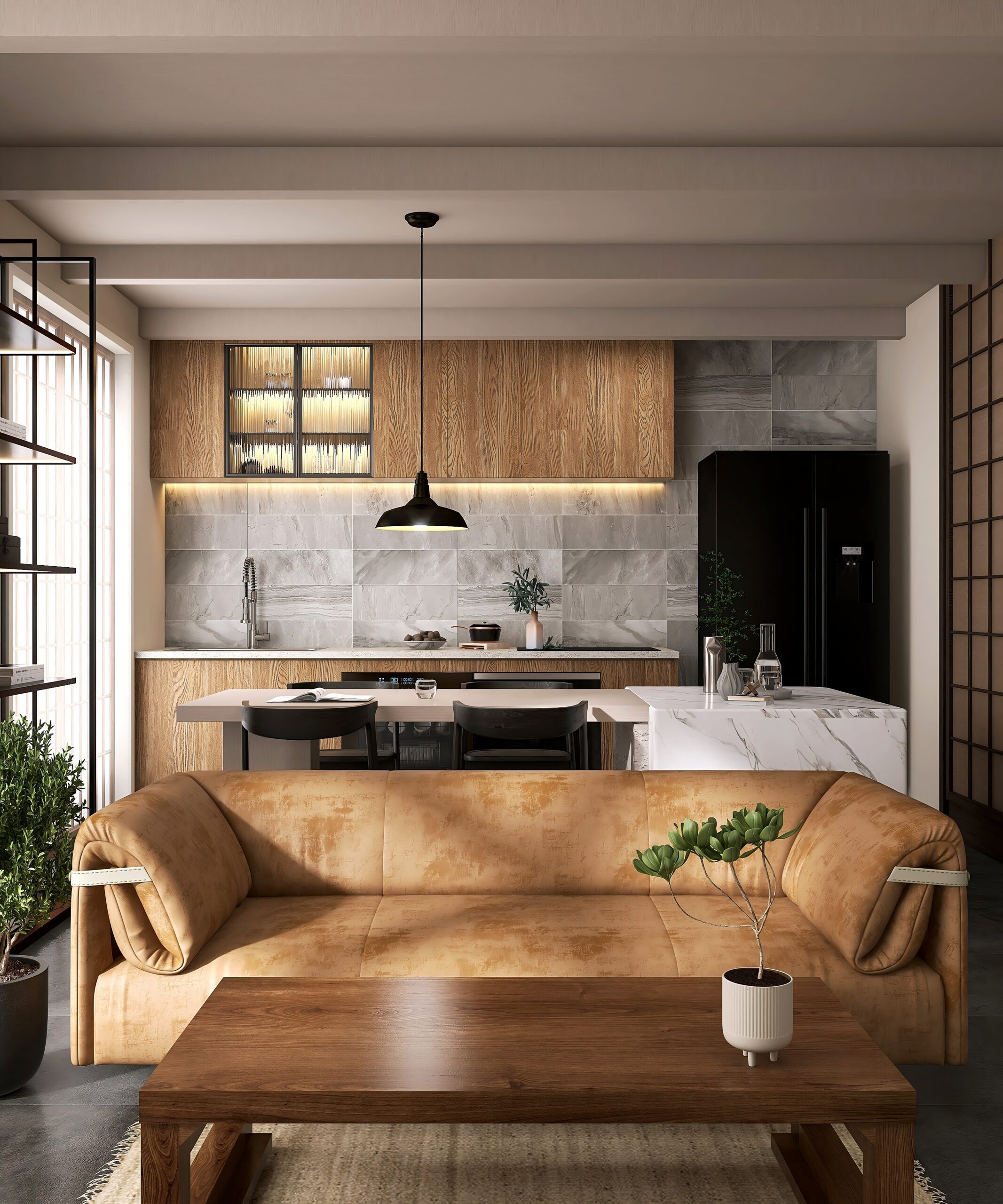 Kitchen with a wood island, black pendant lighting, marble backsplash and a black refrigerator