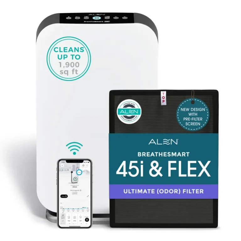 Alen BreatheSmart 45i air purifier shown with its companion smartphone app