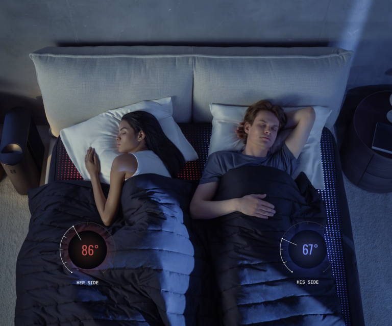 Dual-zone bed temperature control illustrated with two sleepers set to different temperatures