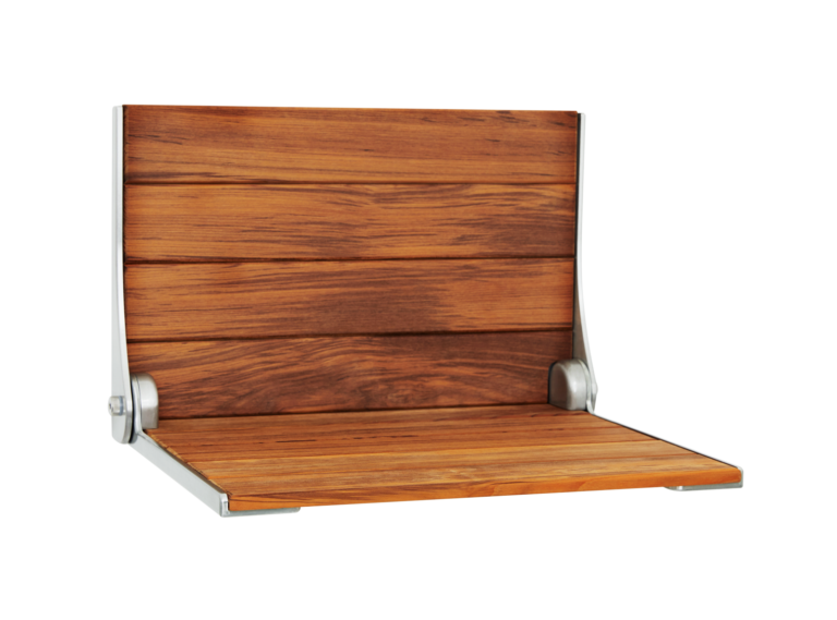 Folding teak shower seat with a slatted top, shown open against a white background