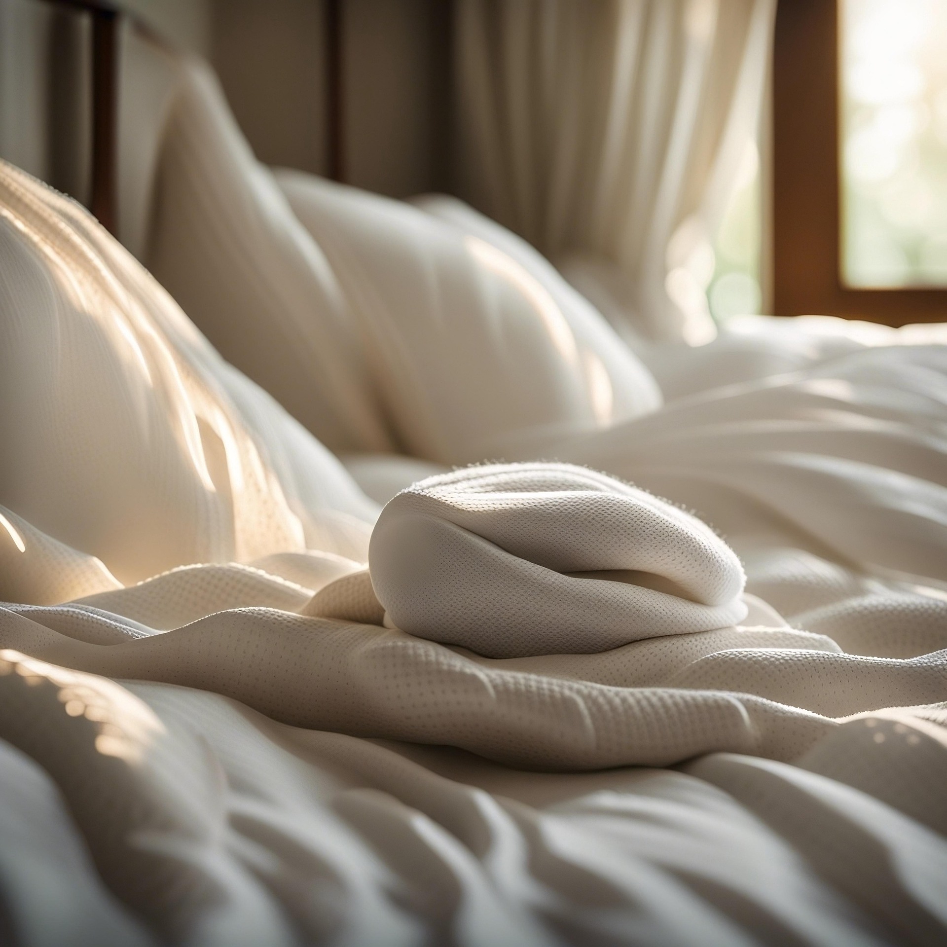 Cream knit blanket folded across white bedding, close up