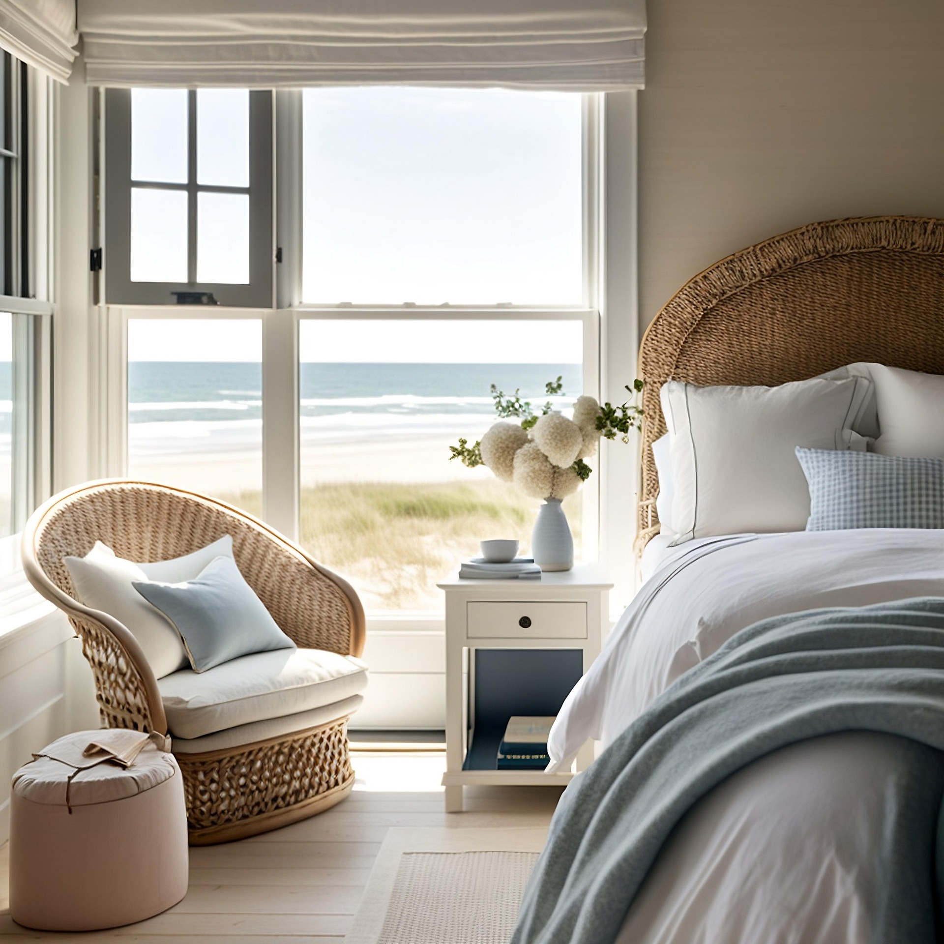 Coastal bedroom with a woven armchair and a window looking out to dune grass and beach