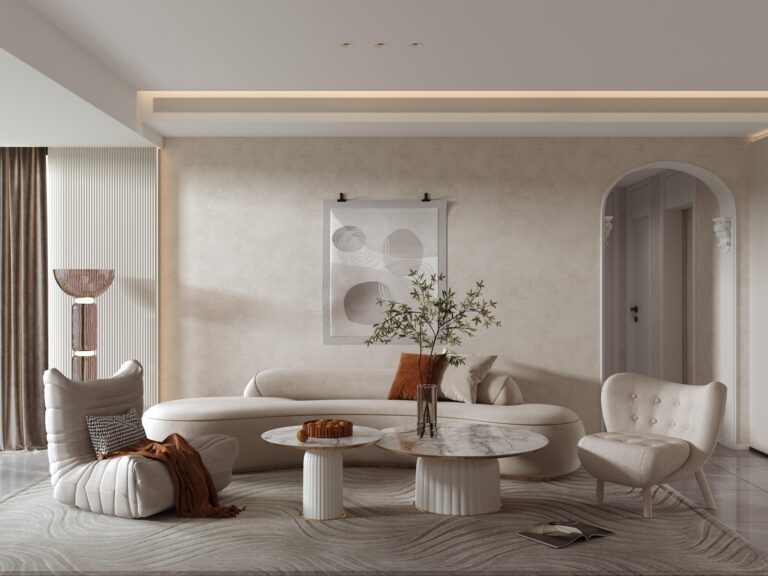Neutral living room with an arched doorway, a curved sofa and plaster walls