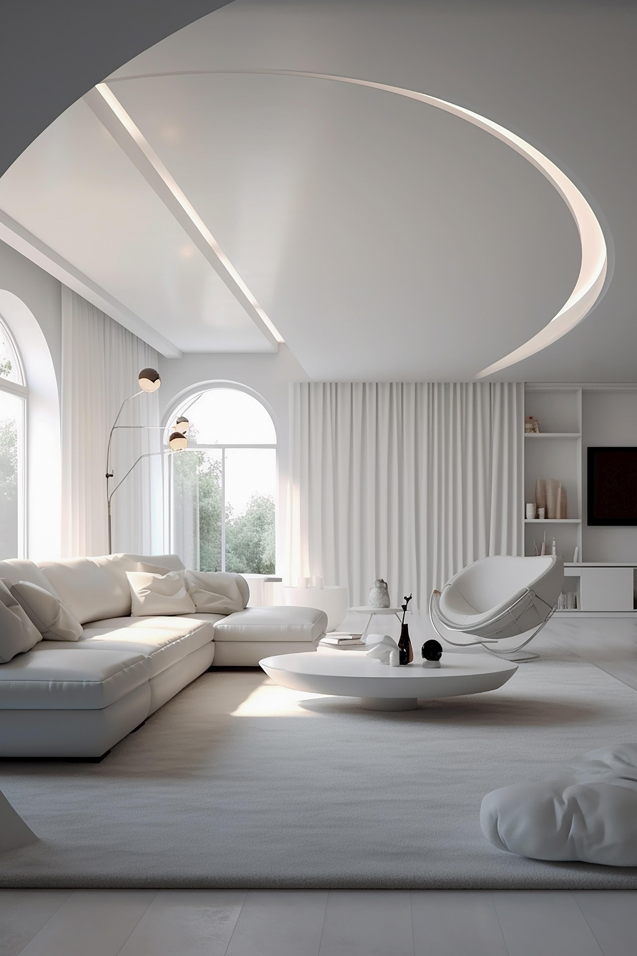 Living room with a tall arched window, sheer curtains and an arc floor lamp