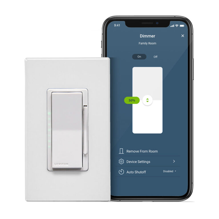 Lutron smart dimmer switch shown alongside its on-off control in the phone app
