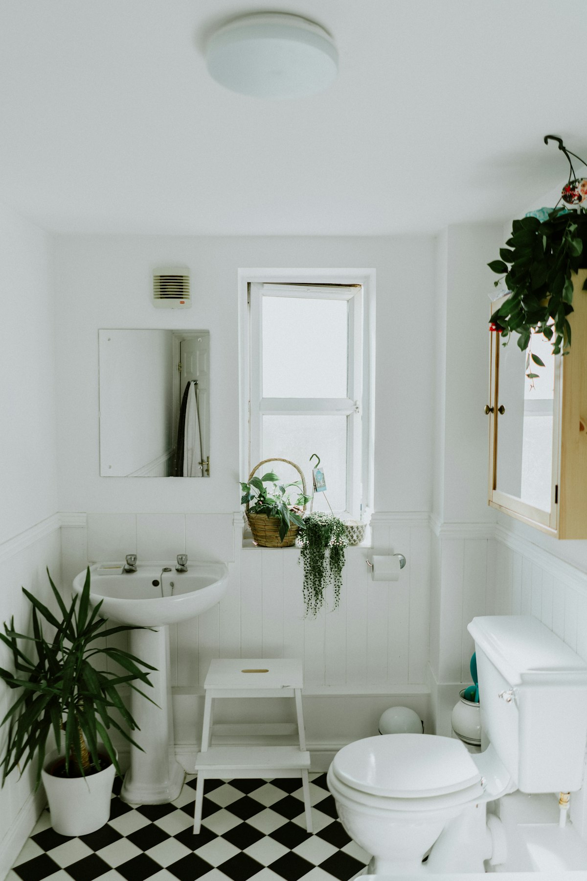 White bathroom with a freestanding tub, hanging plants and tall shuttered windows