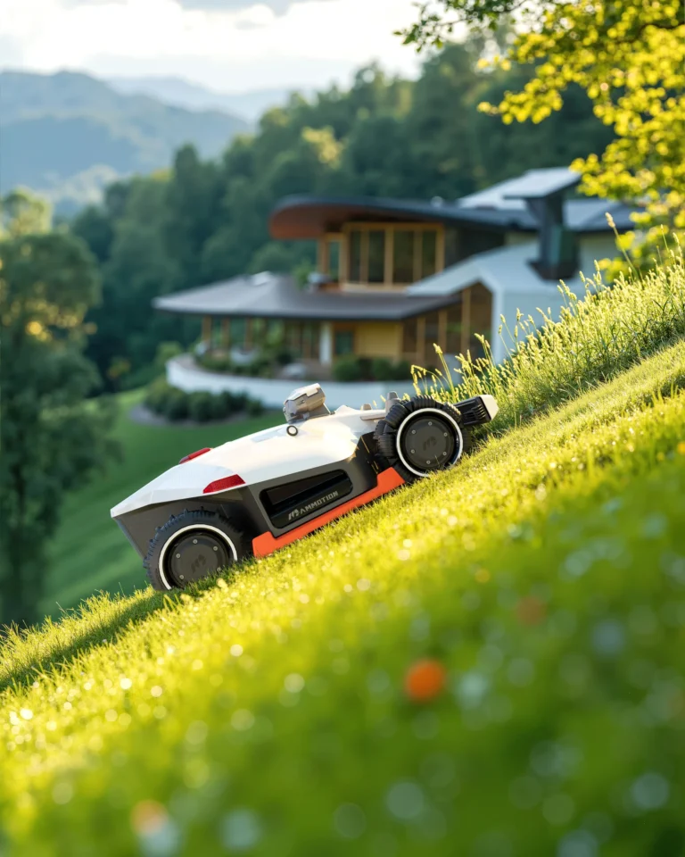 Robotic lawn mower cutting a sloped lawn in front of a house