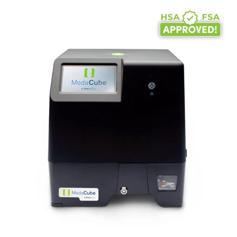 MedaCube automatic pill dispenser, front view of the unit and its display