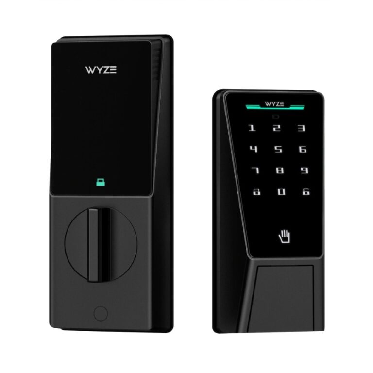 Black keypad smart lock shown from the interior thumbturn and exterior keypad sides