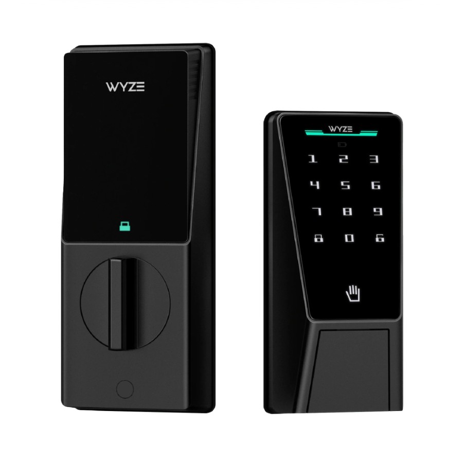Black keypad smart lock shown from the interior thumbturn and exterior keypad sides